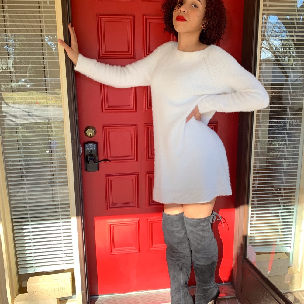 Fluffy white sweater dress